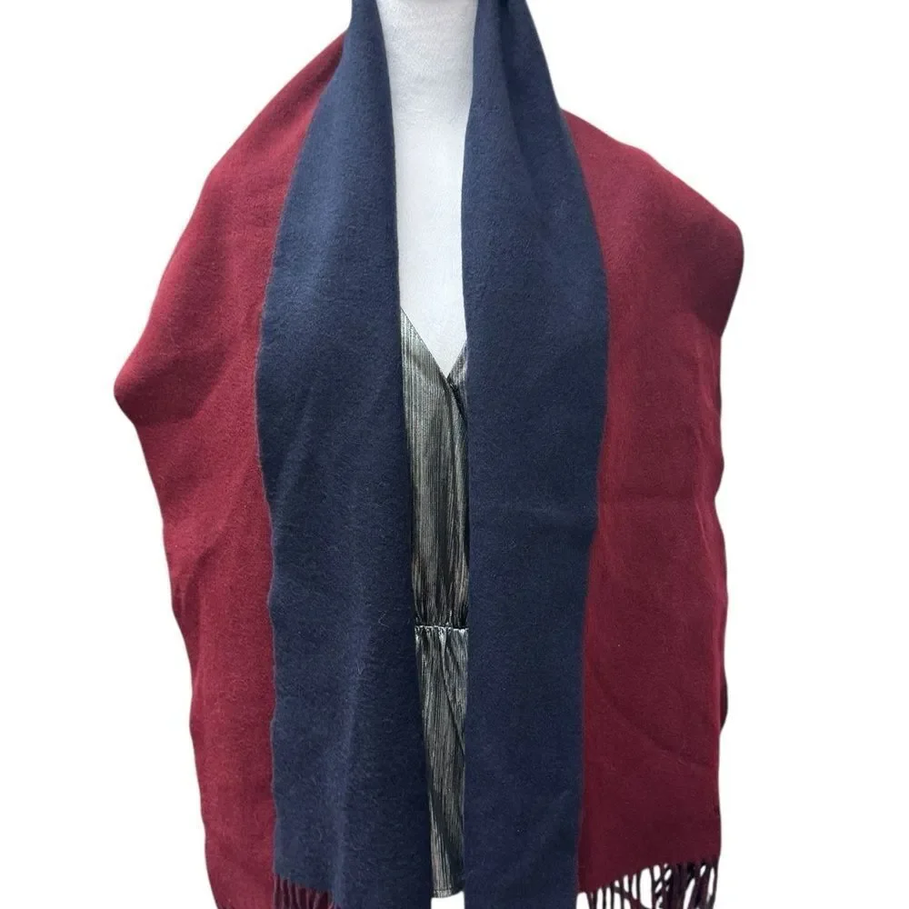 Hermes Bordeaux & Navy Blue 100% Cashmere Kasak Fringed Shawl Wrap Scarf Auth